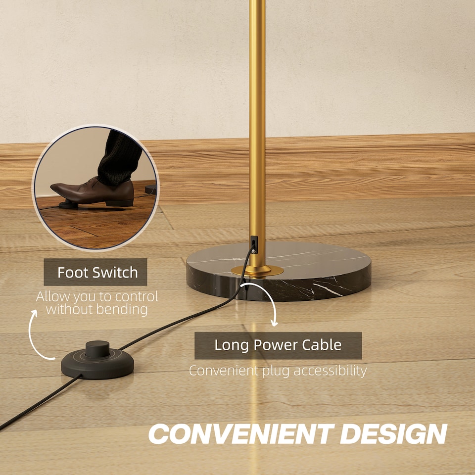 image 1 of HOMCOM 167cm Arc Floor Lamp for Living Room, Modern Adjustable Standing Lamp with Foot Switch, Faux Black Marble Base and Bell Shade for Home Offices, Bedrooms, Gold Tone | Gold