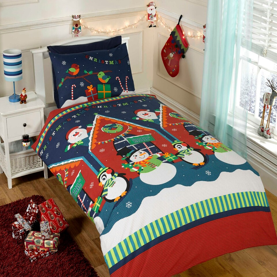 image 1 of Santas Grotto Christmas Polycotton Kids Duvet Cover Set With Pillowcase Multi | Single