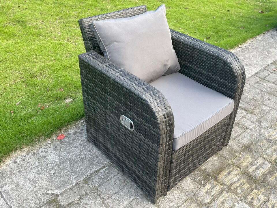 image 1 of Fimous Wicker PE Rattan Outdoor Garden Furniture Sets Height Adjustable Rising lifting Dining Table Reclining Chair Sofa Set with Side Table Dark Grey Mixed
