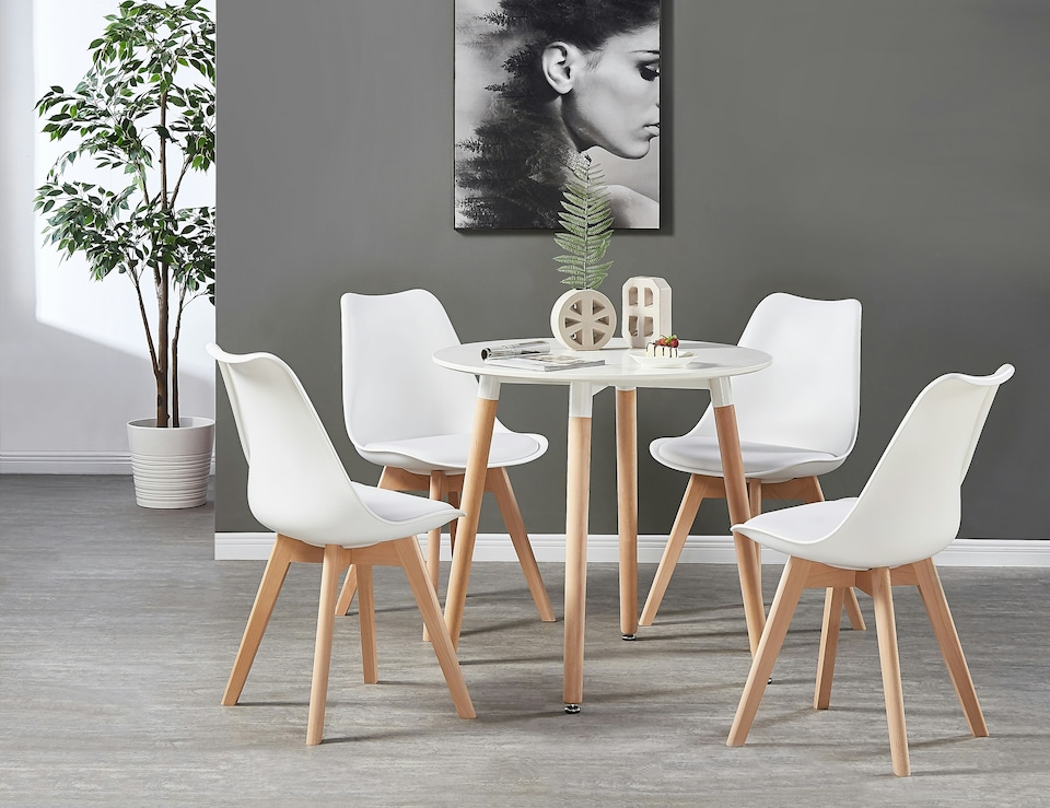 image 1 of 5PCs Dining Set - a White Round Dining Table & Set of 4 White Lorenzo Tulip chairs with Padded Seat | White