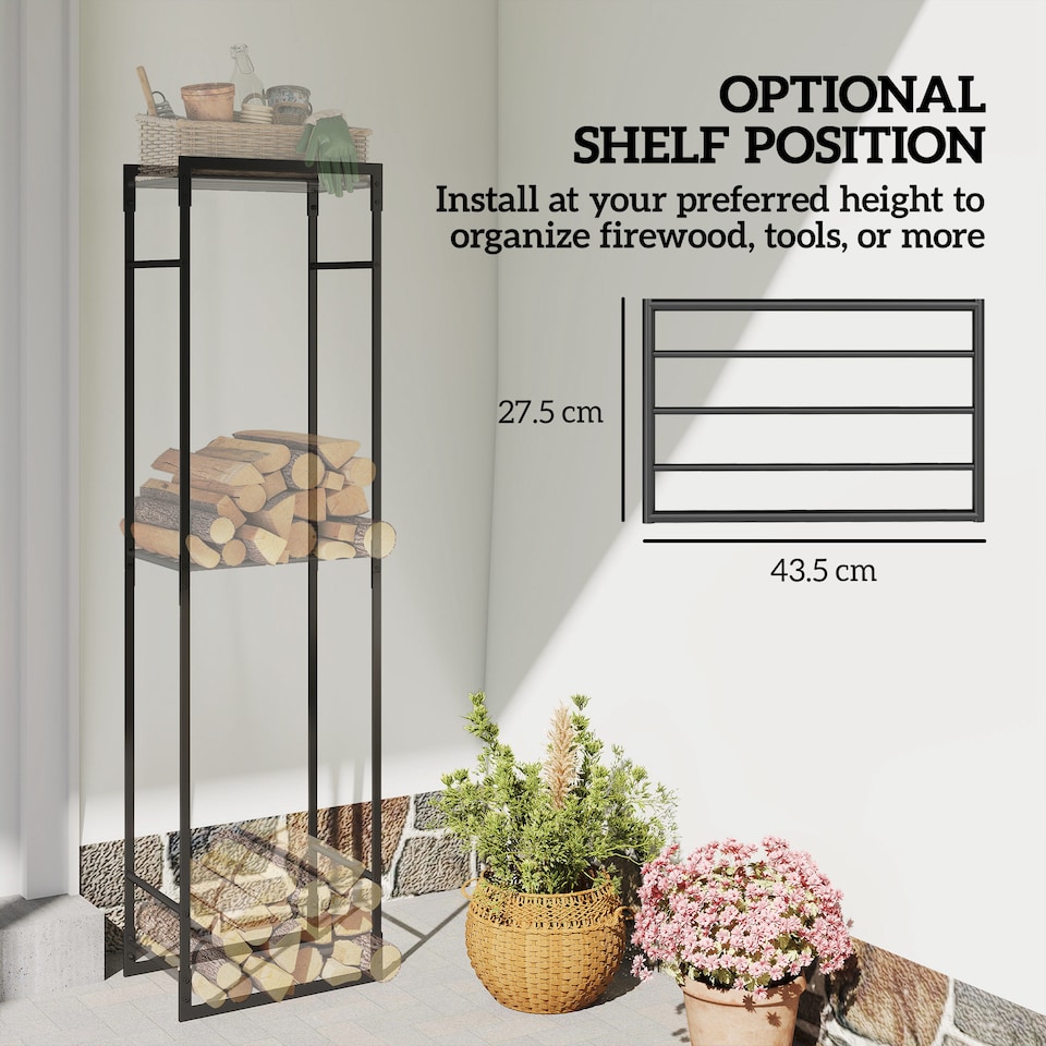 image 1 of Outsunny Metal Firewood Log Holder, Heavy Duty Firewood Rack with Adjustable Shelf, Indoor Outdoor Fireplace Wood Storage Shelf, 45 x 31 x 170 cm, Black
