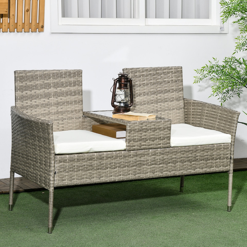 image 1 of Outsunny 2 Seat Rattan Garden Bench, Patio Wicker Chair with Glass Tea Table, Outdoor Love Seat with Padded Cushions, for Garden, Porch, Mixed Grey/Cream White | Grey