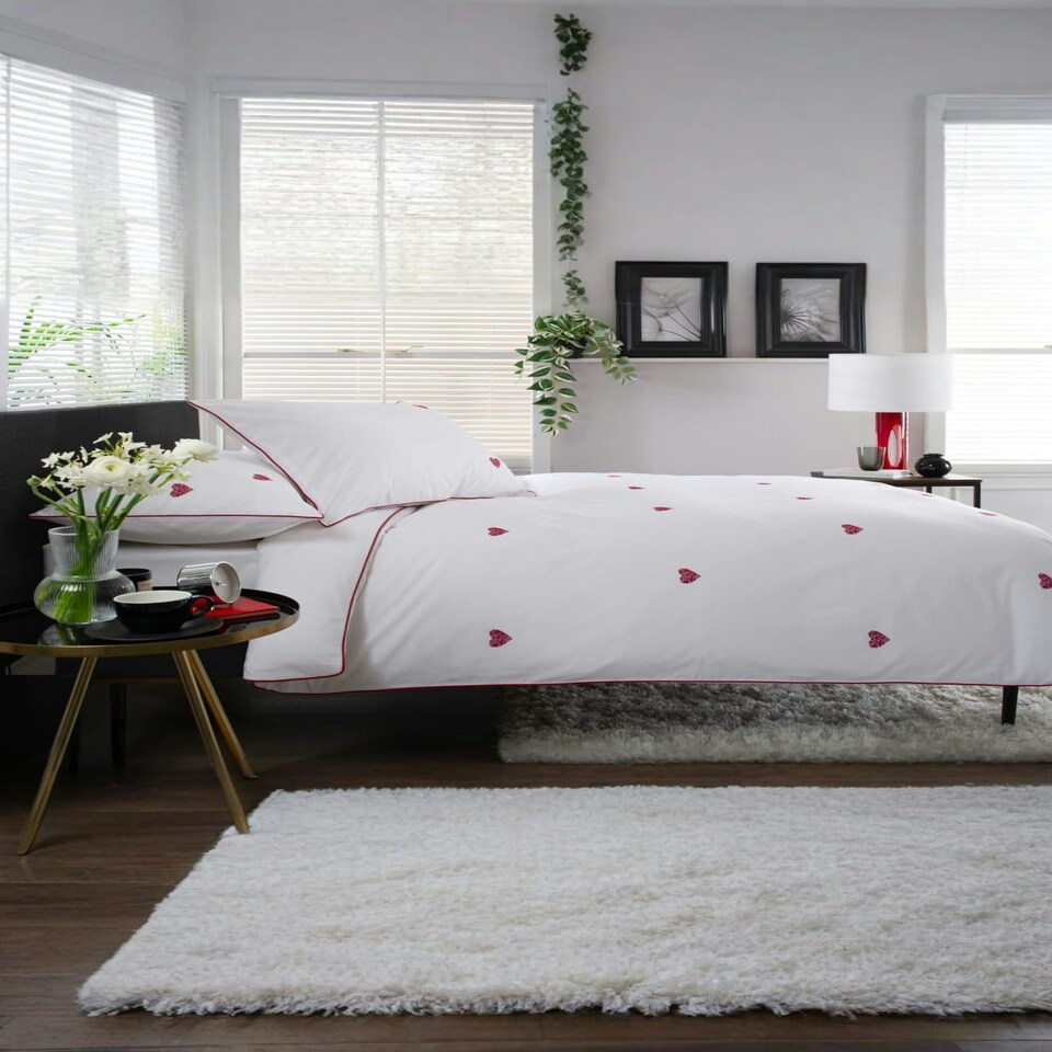 image 1 of Filigree Hearts Duvet Cover Set – White & Red Cotton with Elegant Embroidery | White | Super King