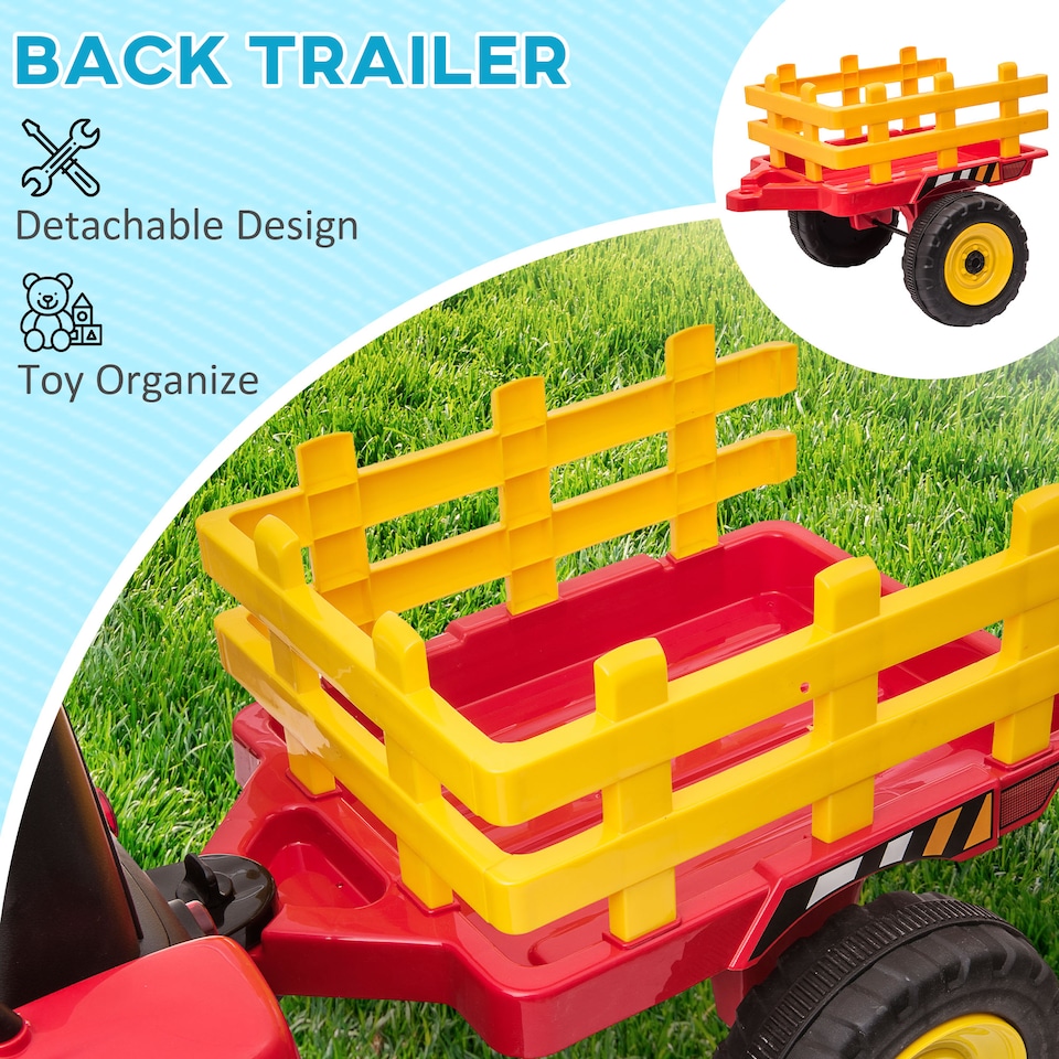 image 1 of HOMCOM Ride On Tractor with Detachable Trailer, Remote Control, Music - Red