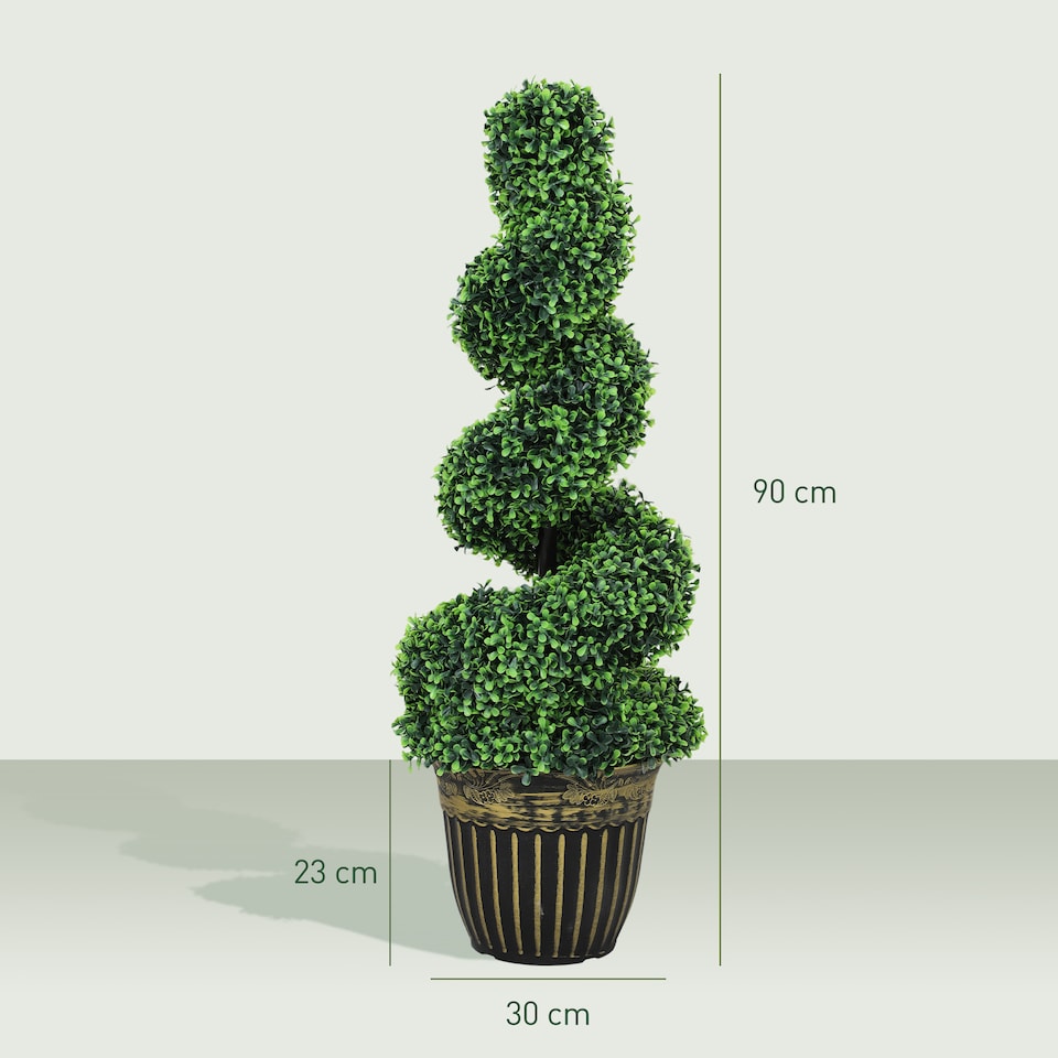 image 1 of HOMCOM Set of 2 Decorative Artificial Plants Topiary Spiral Boxwood Trees in Pot, Fake Plants for Home Indoor Outdoor Decor, 90cm, Green