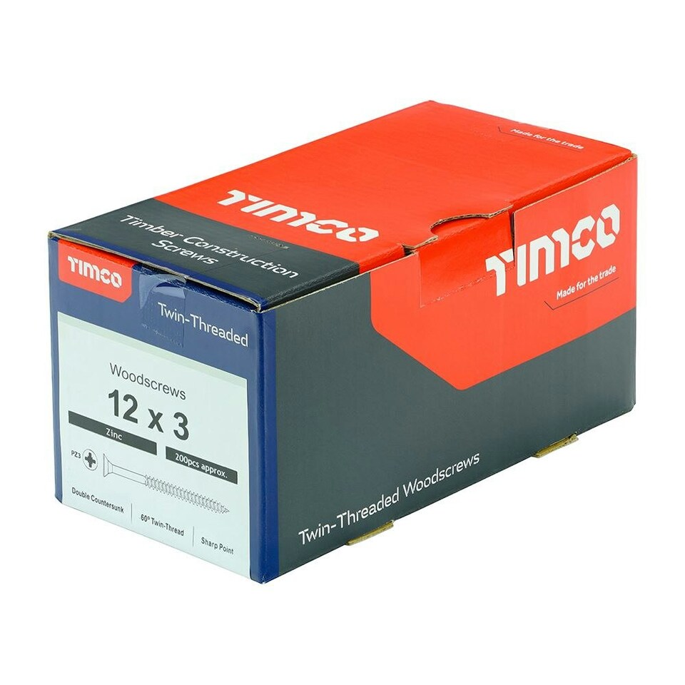 image 1 of Timco - Twin-Threaded Woodscrews - PZ - Double Countersunk - Zinc (Size 12 x 3 - 200 Pieces)