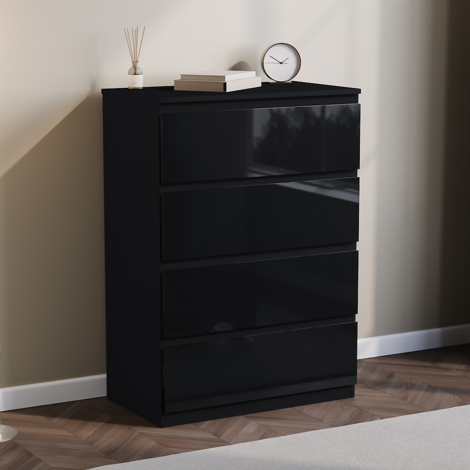 image 1 of Vida Designs Glinton 3 Piece FSC Certified Bedroom Set (2 Drawer Bedside Chest, 4 Drawer Chest, 3 Door 2 Drawer Wardrobe), Black | Black | Black | L | 3