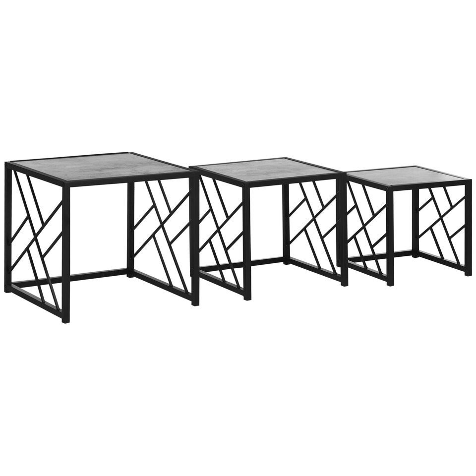image 1 of HOMCOM Nesting Coffee Tables, Set of 3 Square Side Tables with Black Metal Frame, for Living Room, Bedroom and Office, Grey | Grey