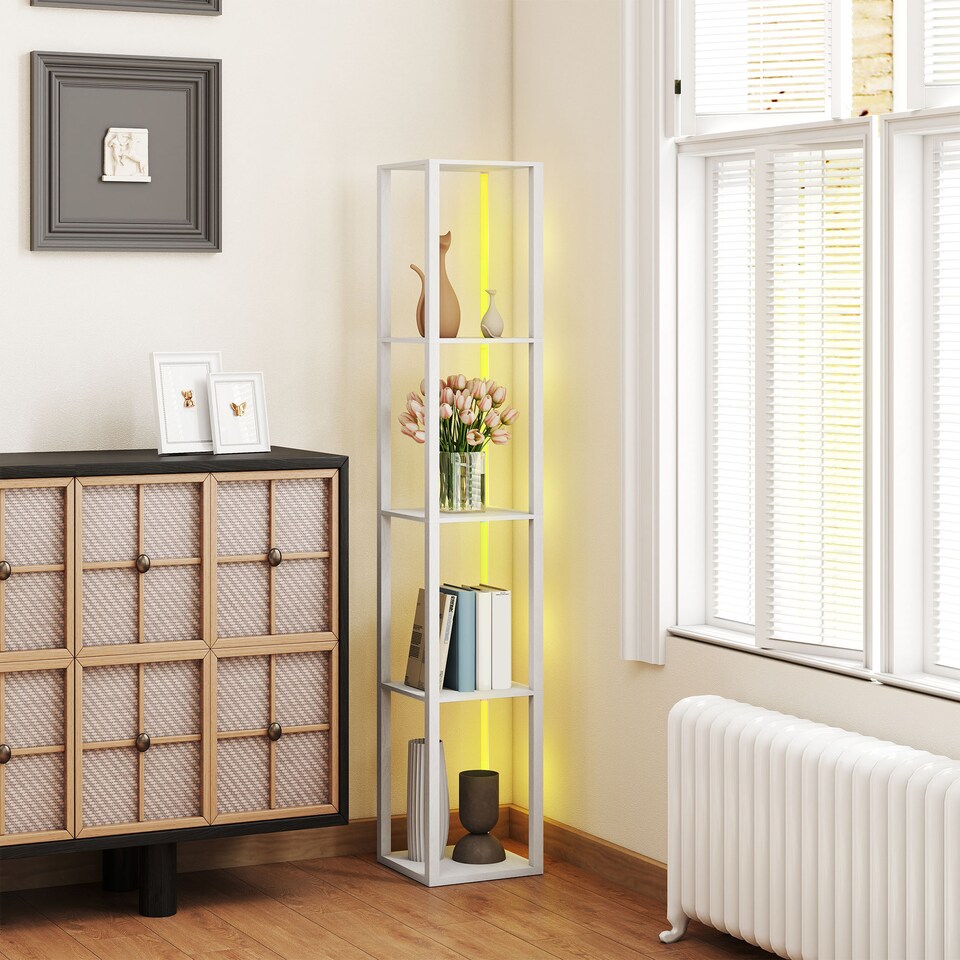 image 1 of HOMCOM RGB LED Floor Lamp with Shelves, Modern Dimmable Standing Lamp with Remote Control, Adjustable Brightness & Speed for Living Room, Bedroom, Office, White | White