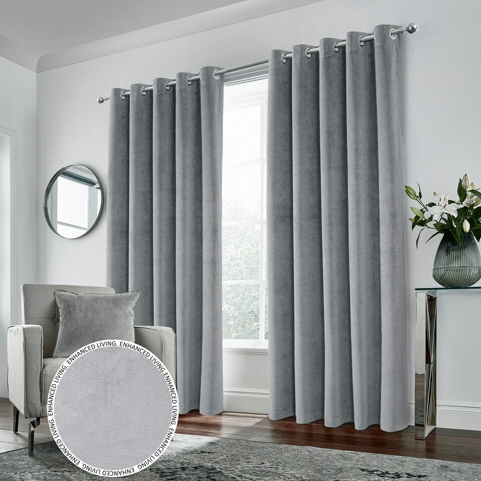 image 1 of Hampton Grey Velvet Curtains 90 x 72 inch (229 x 183 cm) 100% Blackout Eyelet Thermal Noise Reducing Curtains for Bedroom and Living Room