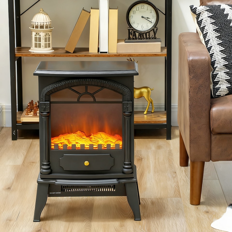 image 1 of HOMCOM Electric Fireplace Stove Heater with 3D Flame Effect, 2000W/1000W, Freestanding Portable Fireplace with Adjustable Thermostat, 2 Heat Settings for Living Room, Black