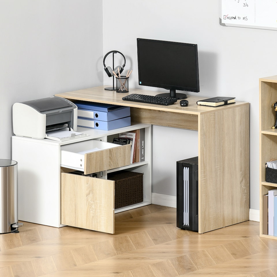 image 1 of HOMCOM L-Shaped Corner Computer Desk Study Table w/ Storage Shelf Drawer Office
