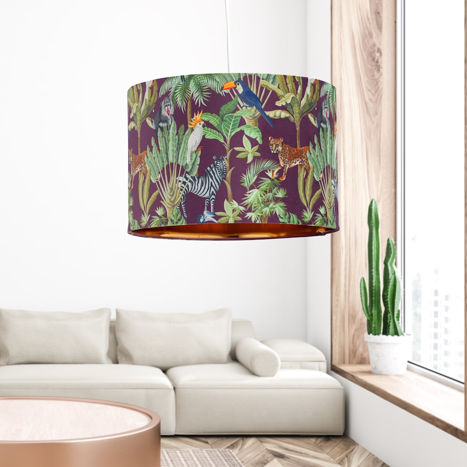 image 1 of Safari - Velvet Safari Design 30cm Pendant or Table Lamp Shade | Multi | Safari velvet digital print with gold inner detail | 1
