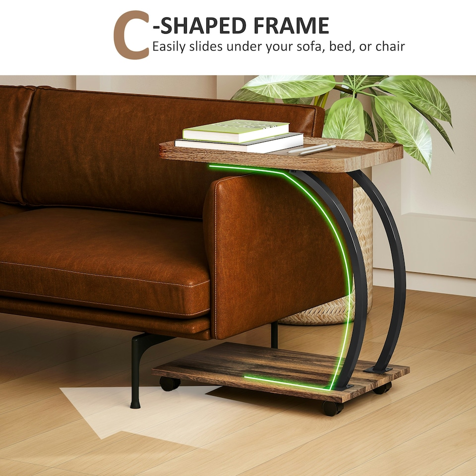 image 1 of HOMCOM C Shaped Side Table with Storage & Wheels for Living Room, Brown Brown