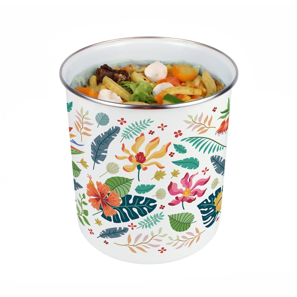 image 1 of Tropical Flowers Food Waste Caddy - Metal 2L Decorative Kitchen Compost Bin