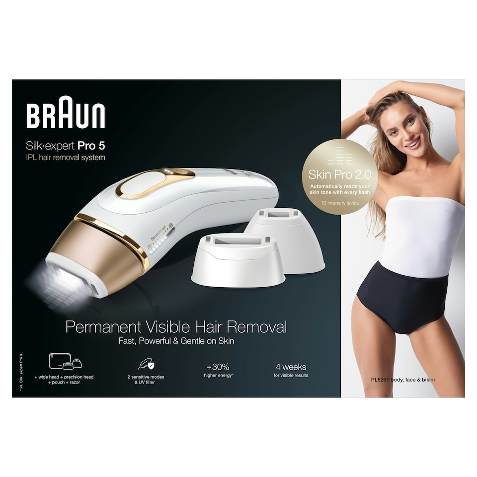 image 1 of Braun IPL Silk-Expert Pro 5, At Home Hair Removal Germanyvice with Pouch, White/Gold, PL5257