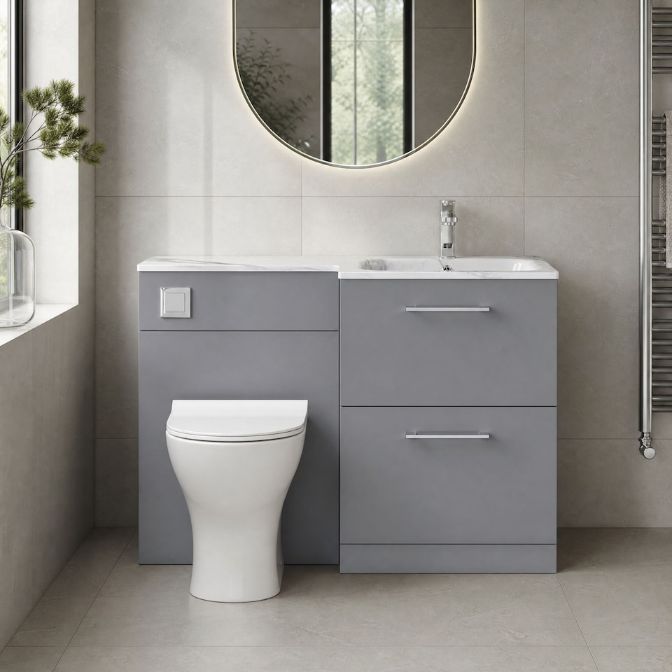 image 1 of Balterley Bramshall Contemporary Floor Standing 2 Drawer Vanity Basin WC Combination Unit, Carrera Marble Stone Basin, Right Hand, 1100mm, Satin Grey