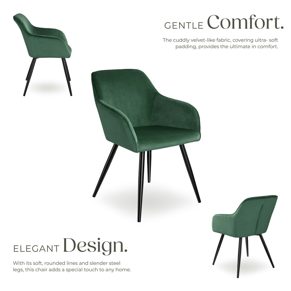 image 1 of Dining Chair Marilyn - with armrests, padded, velvet look, black steel legs - Set of 4 Green | Dark Green/Black