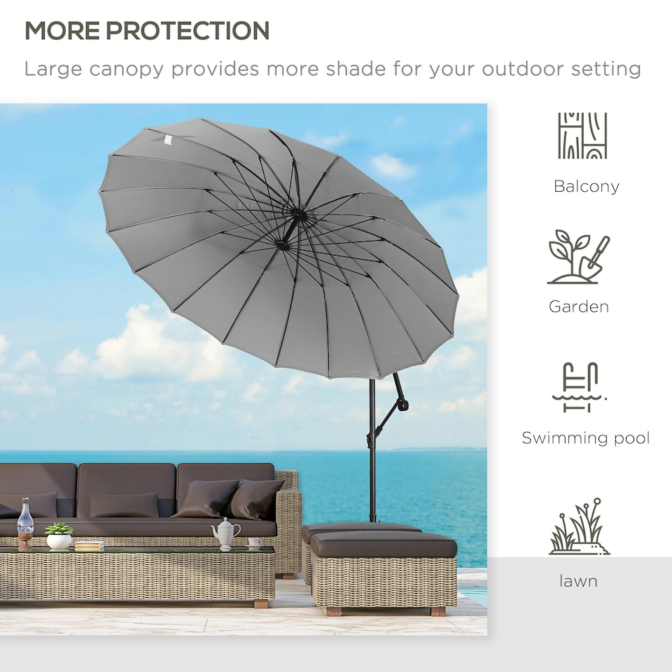image 1 of Outsunny 3(m) Cantilever Shanghai Parasol w/ Crank Handle, Cross Base, Grey