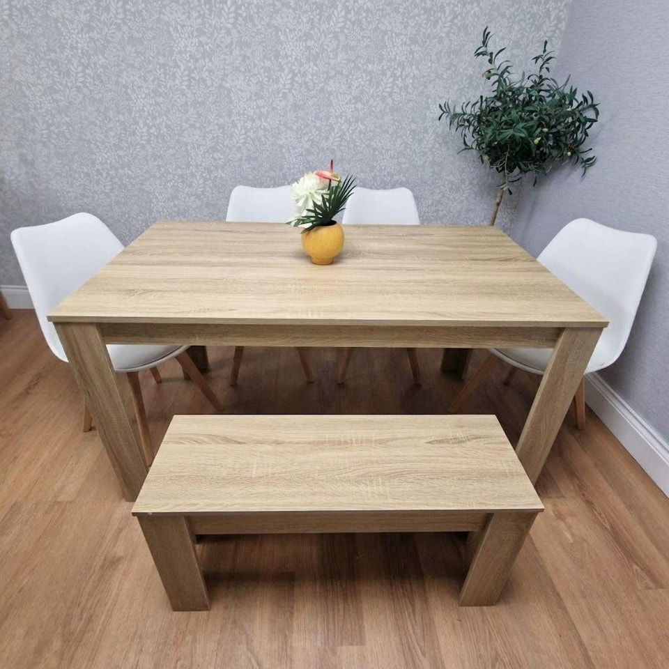 image 1 of Dining Table Set Oak Effect Table With 4 White Plastic Chairs And Bench Dining Room Furniture | Brown | 6
