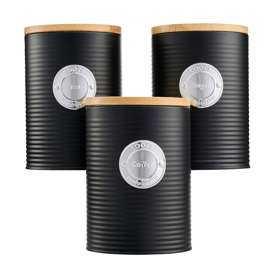 image 1 of Cooks Professional 3 Piece Ribbed Tea, Coffee, & Sugar Cannisters with Bamboo Lids | Stainless Steel Kitchen Storage Bins | Black & Silver