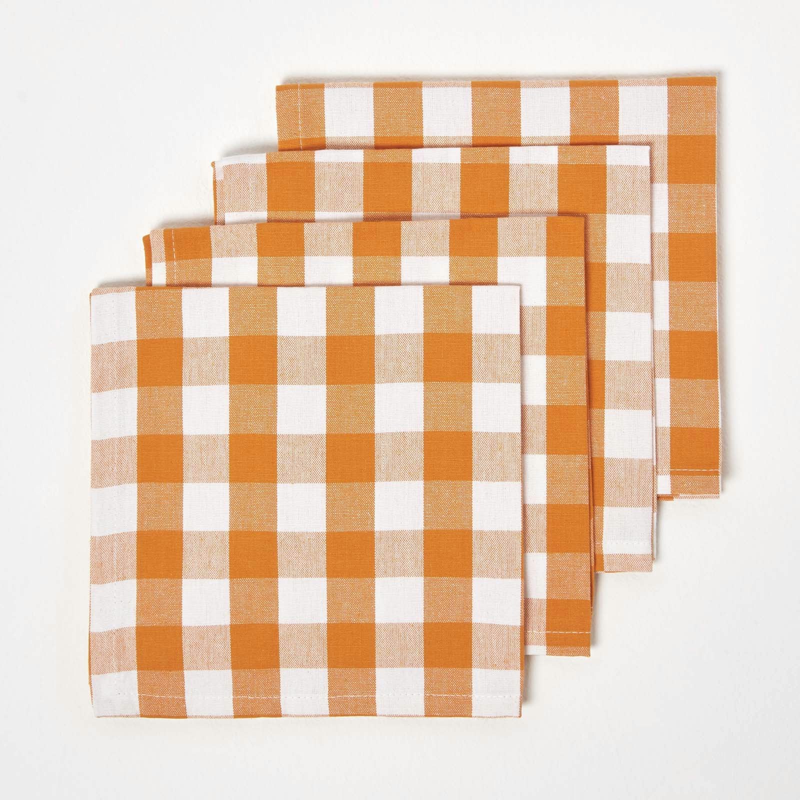 Homescapes Block Check Cotton Gingham Napkins, Set of 4 in Orange