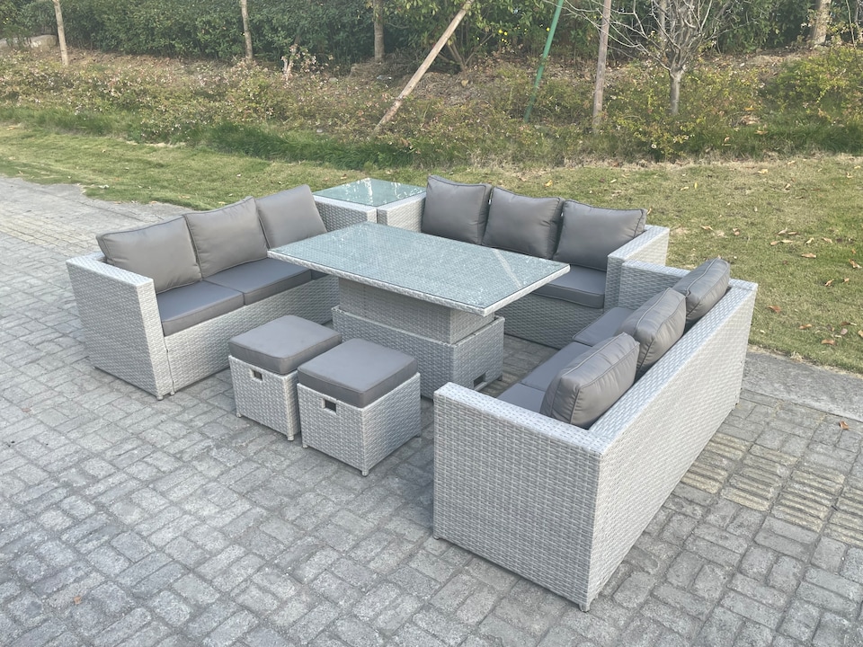 image 1 of Fimous U Shape Lounge Rattan Garden Furniture Set Adjustable Rising Lifting Table Dining Set With Side Coffee Tea Table Stool