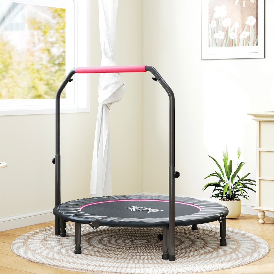 image 1 of HOMCOM 48" Foldable Mini Trampoline Fitness Trampoline Rebounder for Adults with Adjustable Foam Handle, for Indoors, Outdoors, Cardio Training, Pink | Pink