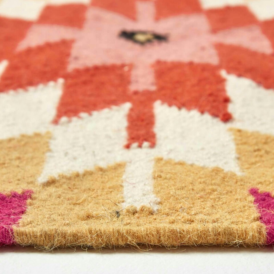 image 1 of Homescapes Jakarta Handwoven Geometric KIlim Wool Hall Runner - 66 x 200 cm | Pink | Pink, orange, black, white and yellow