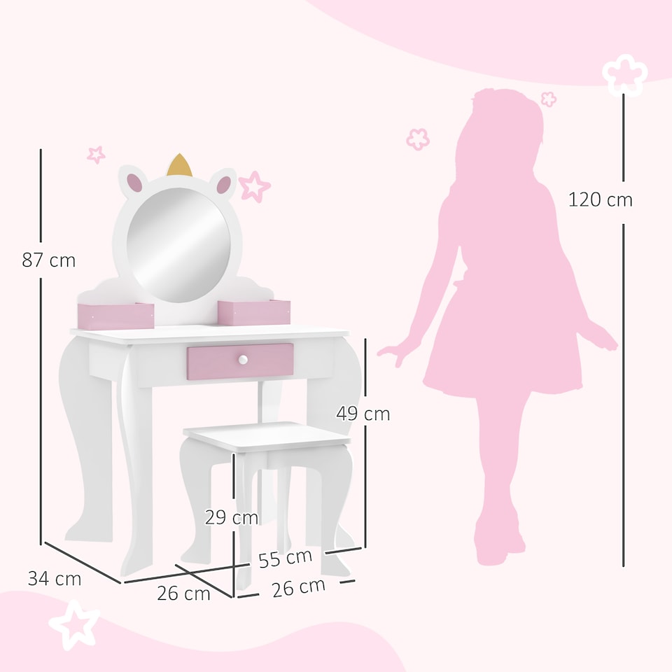 image 1 of ZONEKIZ Kids Dressing Table with Mirror and Stool, Drawer, Storage Boxes - White | White | Pink