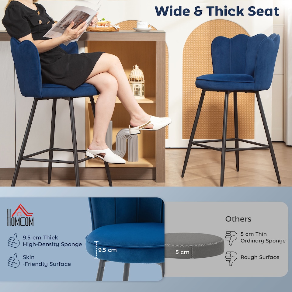 image 1 of HOMCOM Bar Stools Set of 2, Modern Velvet-Feel Barstools with Petal Backrest and Footrest, Upholstered Breakfast Bar Chairs with Metal Legs for Kitchen Island Counter, Dining Room, Dark Blue | Blue | Dark Blue | 2