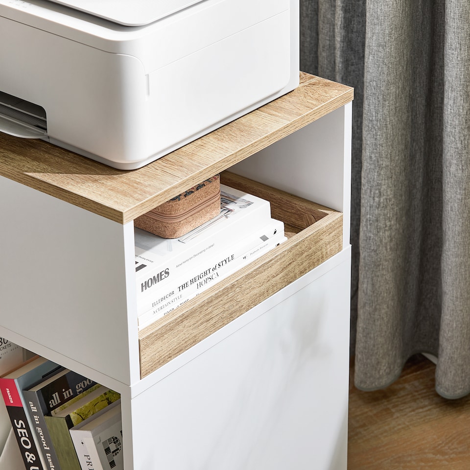 image 1 of SoBuy Printer Stand with Storage and Wheels, White & Natural Wood, 15.7x19.7x25.6 in, 16.1 kg - ASK08-WN