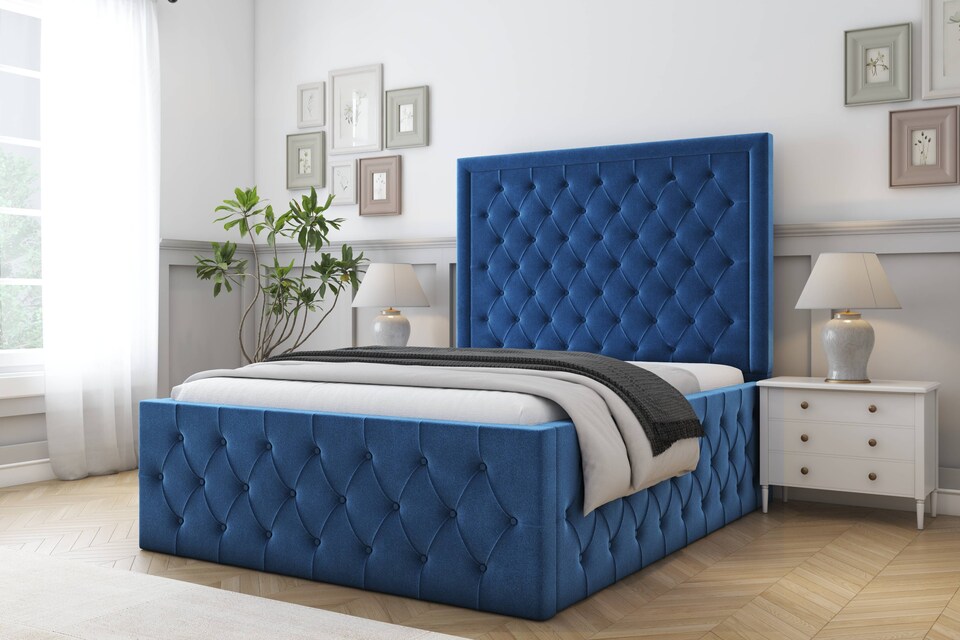 image 1 of Sloomy Vienna Navy Plush Special Bed Frame. With 50" Upholstered Headboard 4' Small Double