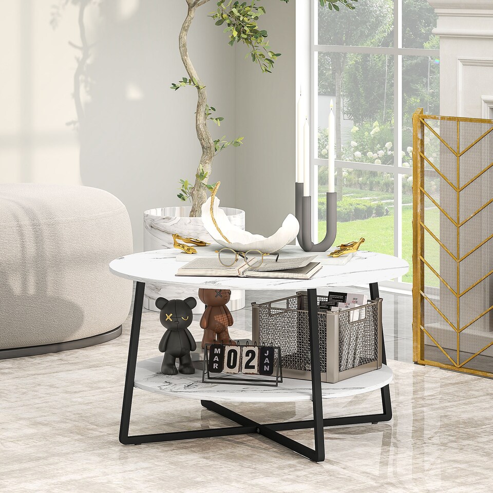 image 1 of HOMCOM 2-Tier Round Coffee Table with Storage Shelf, Living Room Table with Marble Effect Top and Steel Frame, White