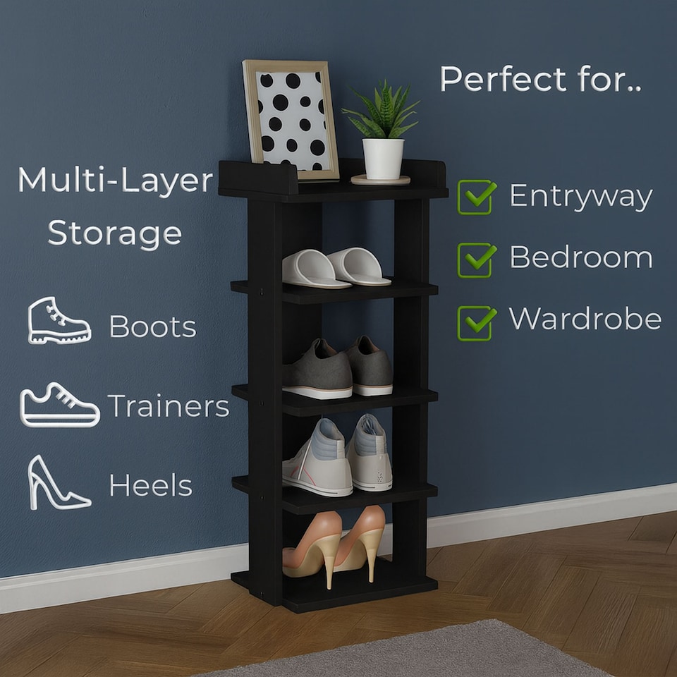 image 1 of Neo Black Multi-Layer Wooden Shoe Rack Durable Storage Organiser Boots Sneakers Heels Space Saving Entryway Shelf | Black