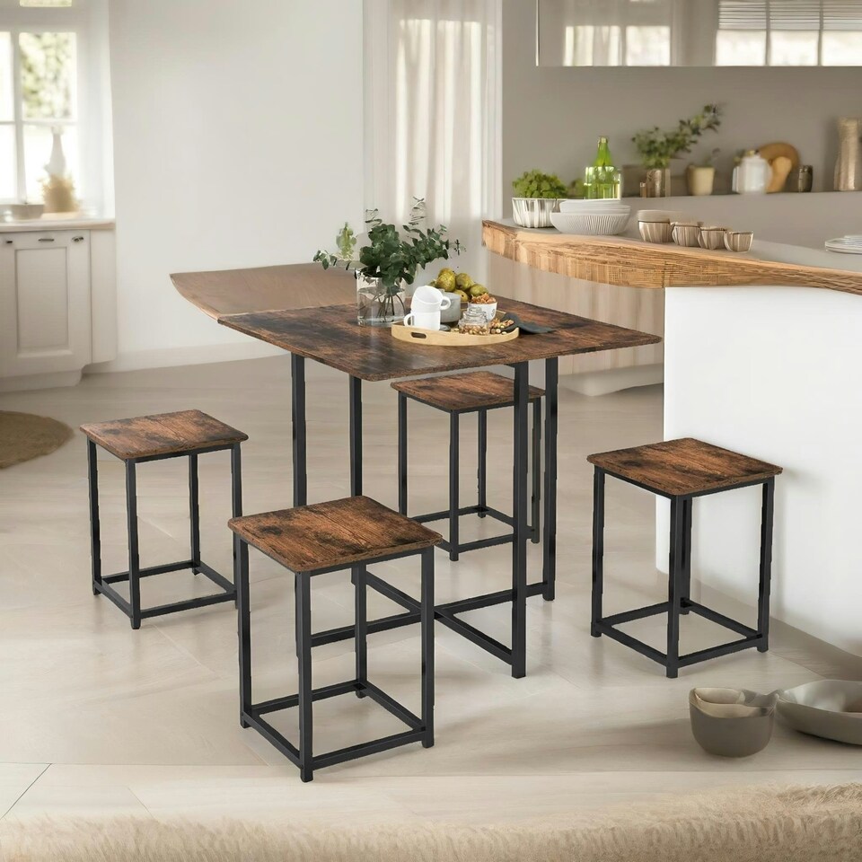 image 1 of 5-Piece Dining Table And Square Stool Set Kitchen Rustic Brown Brown