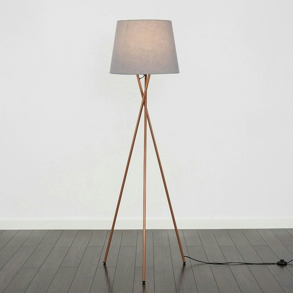 image 1 of ValueLights Camden Copper Tripod Floor Lamp Grey Taper Shade