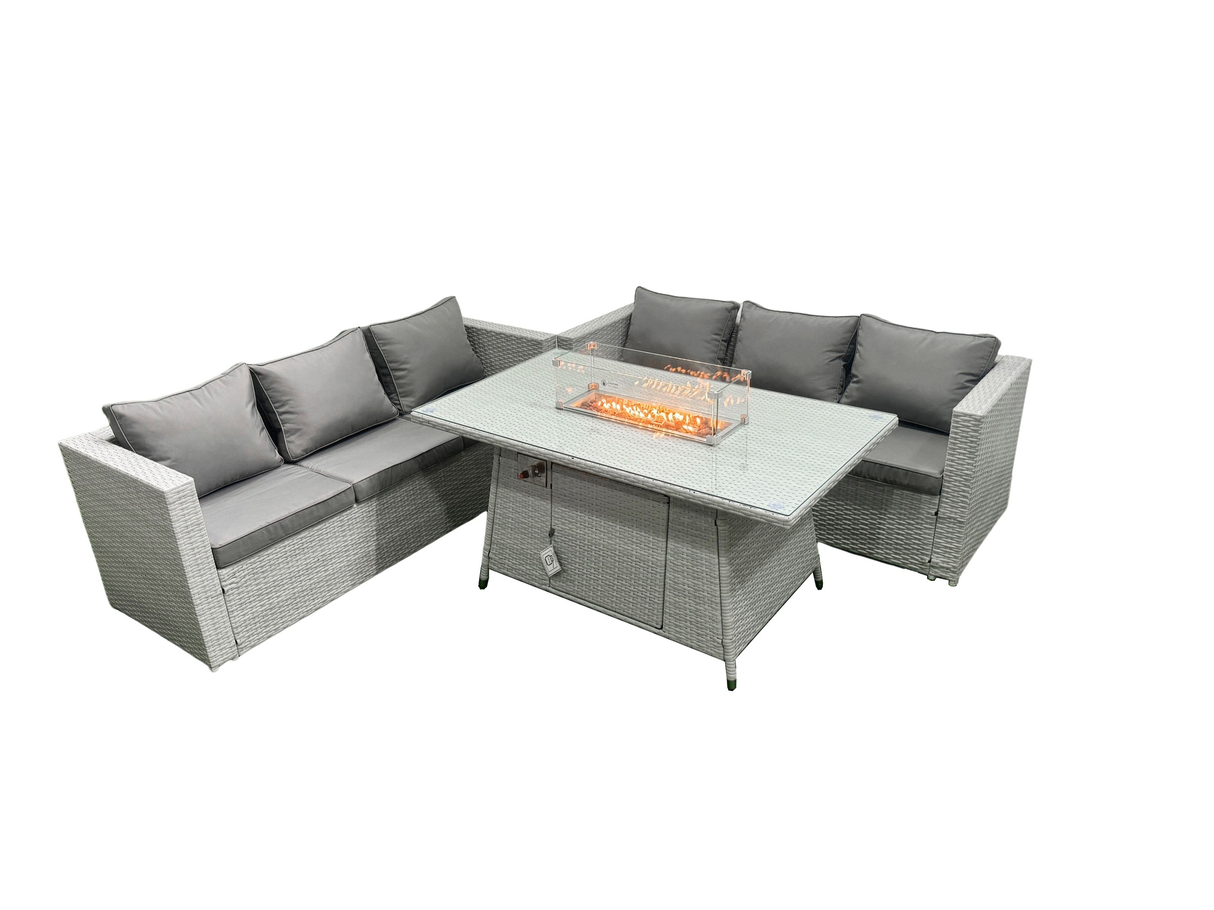 Fimous Outdoor Garden Dining Sets Rattan Furniture Gas Fire Pit Dining Table Gas Heater Light Grey