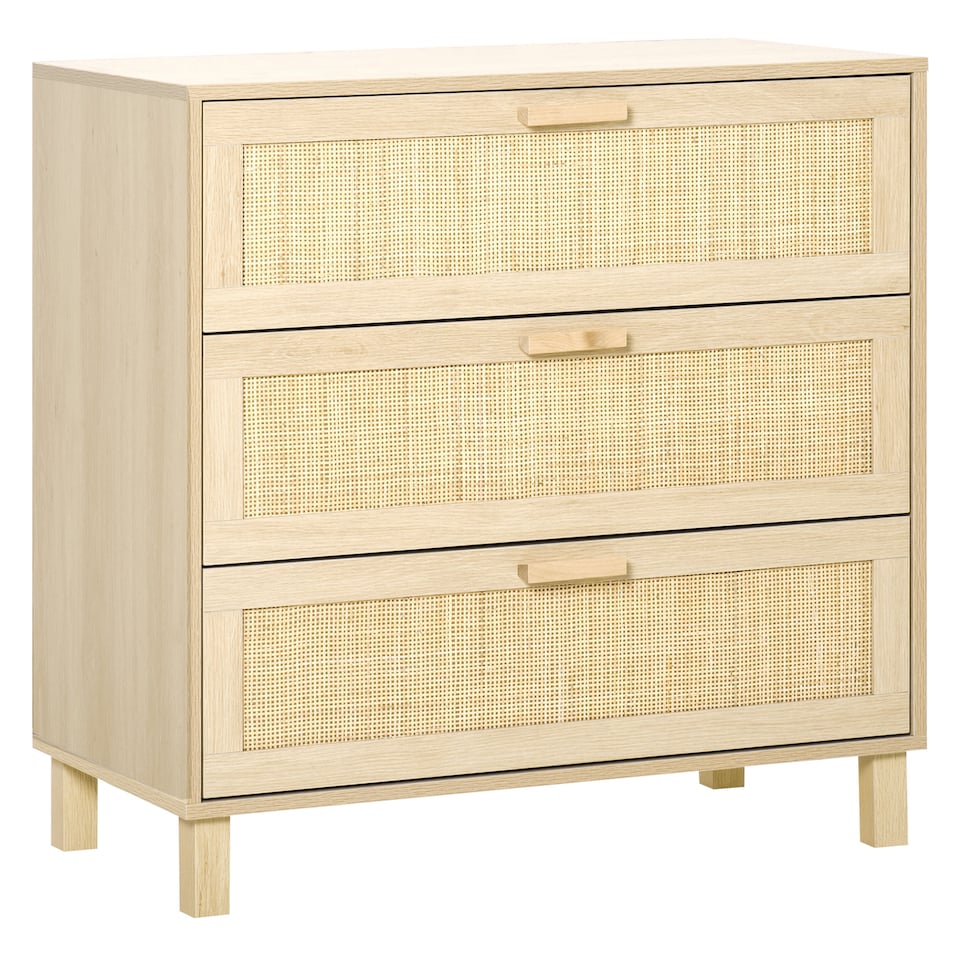 image 1 of HOMCOM Rattan Bedroom Chest of Drawers, 3 Drawers Storage Unit, Boho Dresser for Living Room, Hallway, Natural