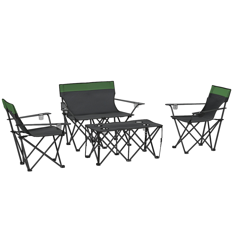 image 1 of Outsunny 4 Piece Foldable Camping Table and Chairs Set, Portable Picnic Table with 3 Chairs, Cup Holders and Carrying Bag, Outdoor Lightweight Table Set for BBQ, Picnic, Parties, Olive Green