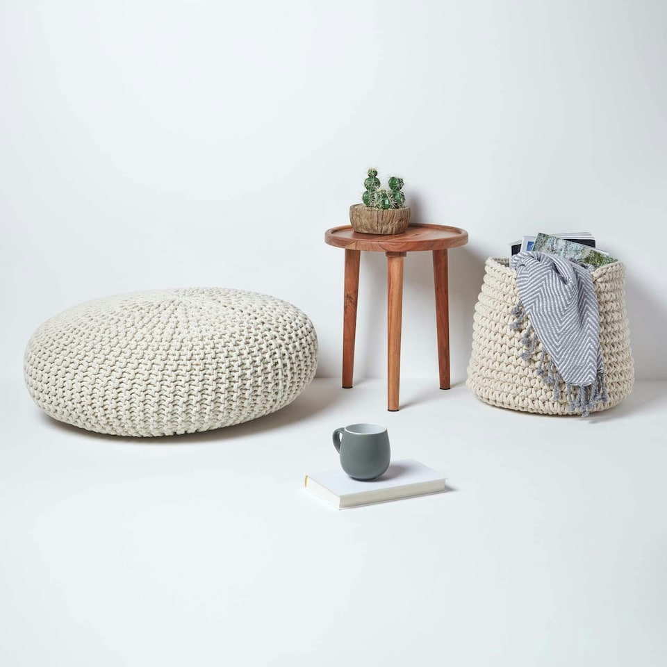 image 1 of Homescapes Natural Large Round Cotton Knitted Pouffe Footstool | Cream | 70 x 23 cm