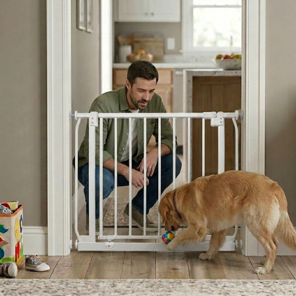 image 1 of Safetots Elite Pressure Safety Gate, 143cm - 152cm, Matt White, Pressure Fit Stair Gate, Baby Gate for Doors Hallways and Spaces, Safety Barrier, Easy Installation