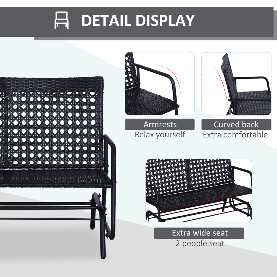 image 1 of Outsunny 2 Seater PE Rattan Glider Bench, Outdoor Loveseat Chair with Steel Frame, Porch Rocking Glider for 2 Person with Armchair, High Back, Black