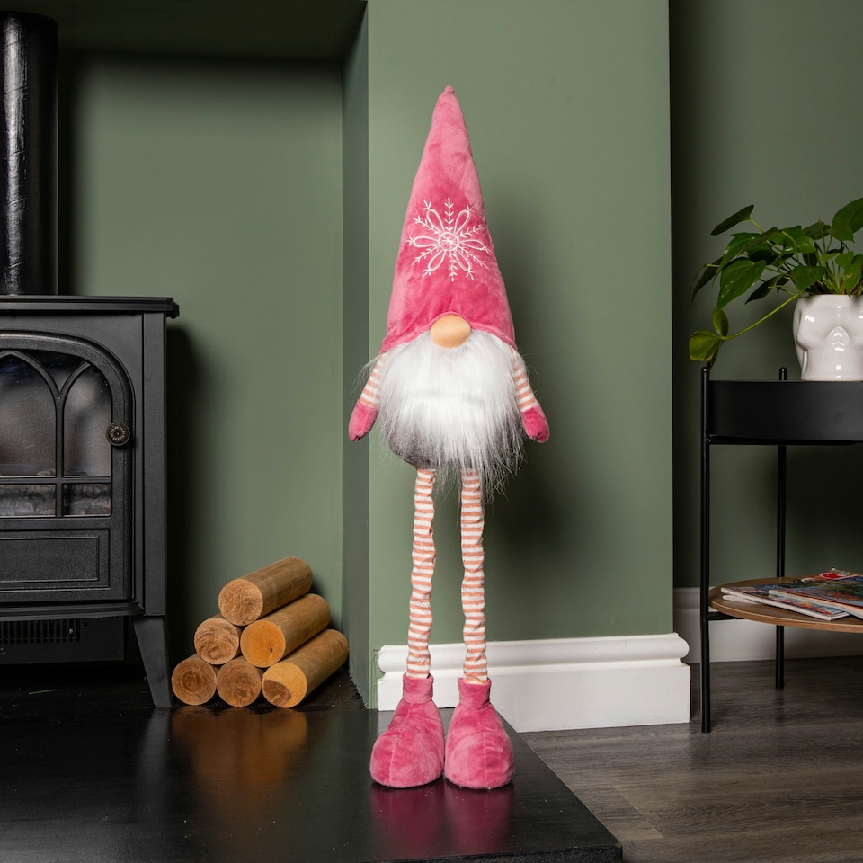 image 1 of 74cm Pink Standing Christmas Gonk Decoration with Extendable Legs and Snowflake Hat