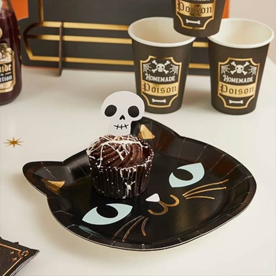 image 1 of Halloween Black Cat Shaped Paper Plates 20cm - Pack of 8