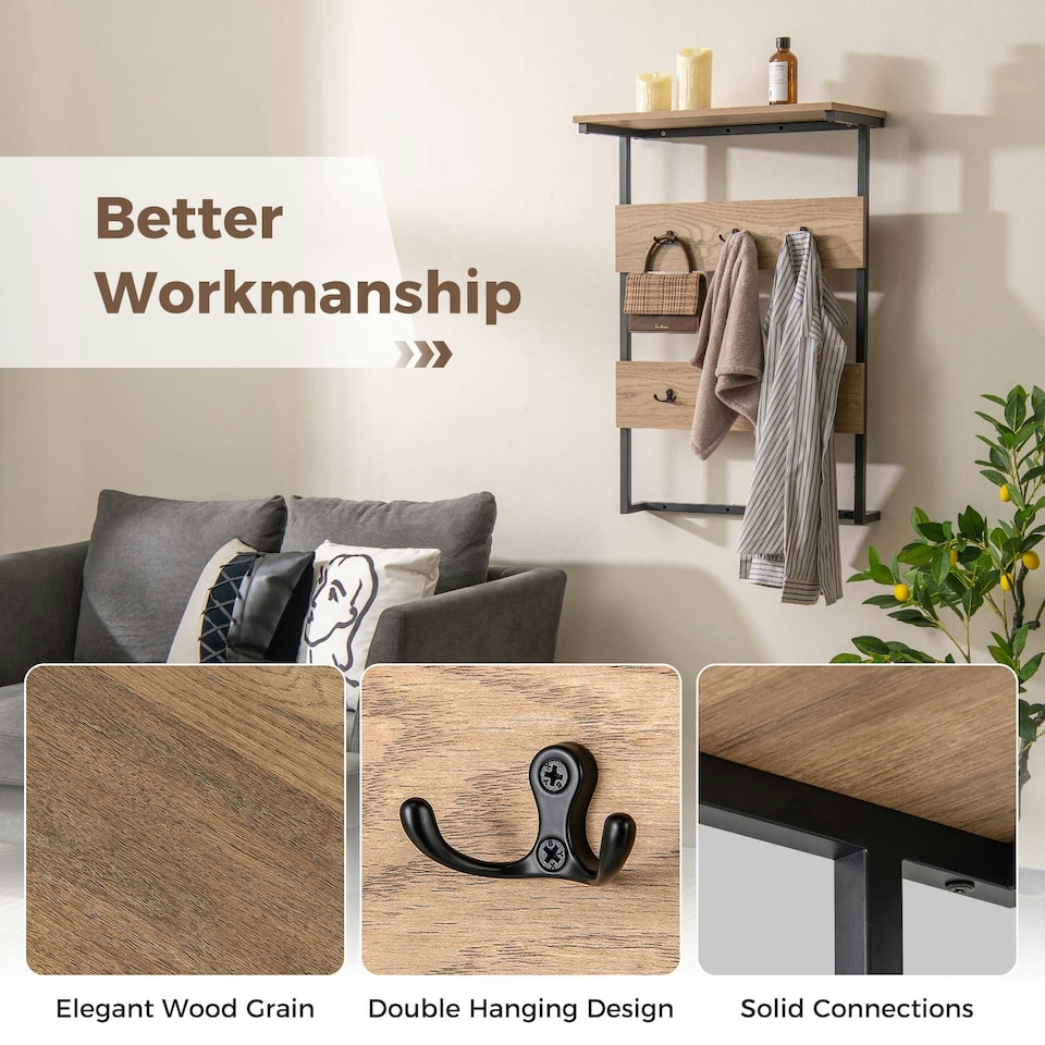 image 1 of COSTWAY Entryway Coat Rack Wall Mounted Coat Rack w/6 Hooks N/A | One Size