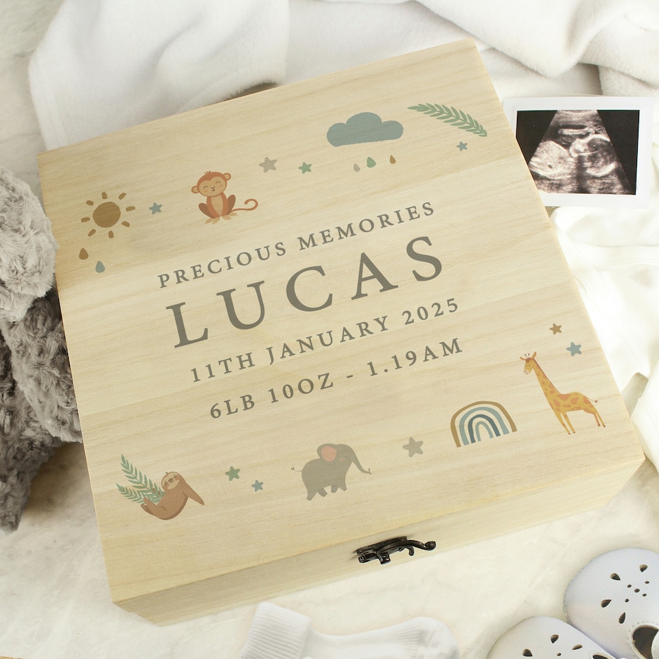 image 1 of Personalised Safari Animals Large Wooden Keepsake Box Brown