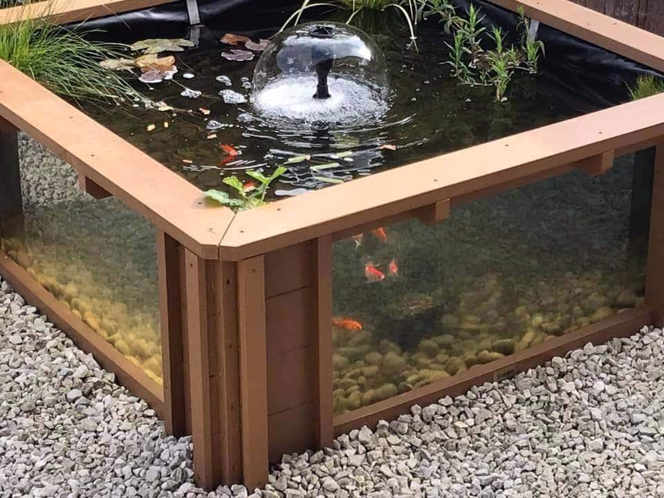 image 1 of Raised square pond with large windows Lotus Clear View Garden Aquarium in Natural Brown