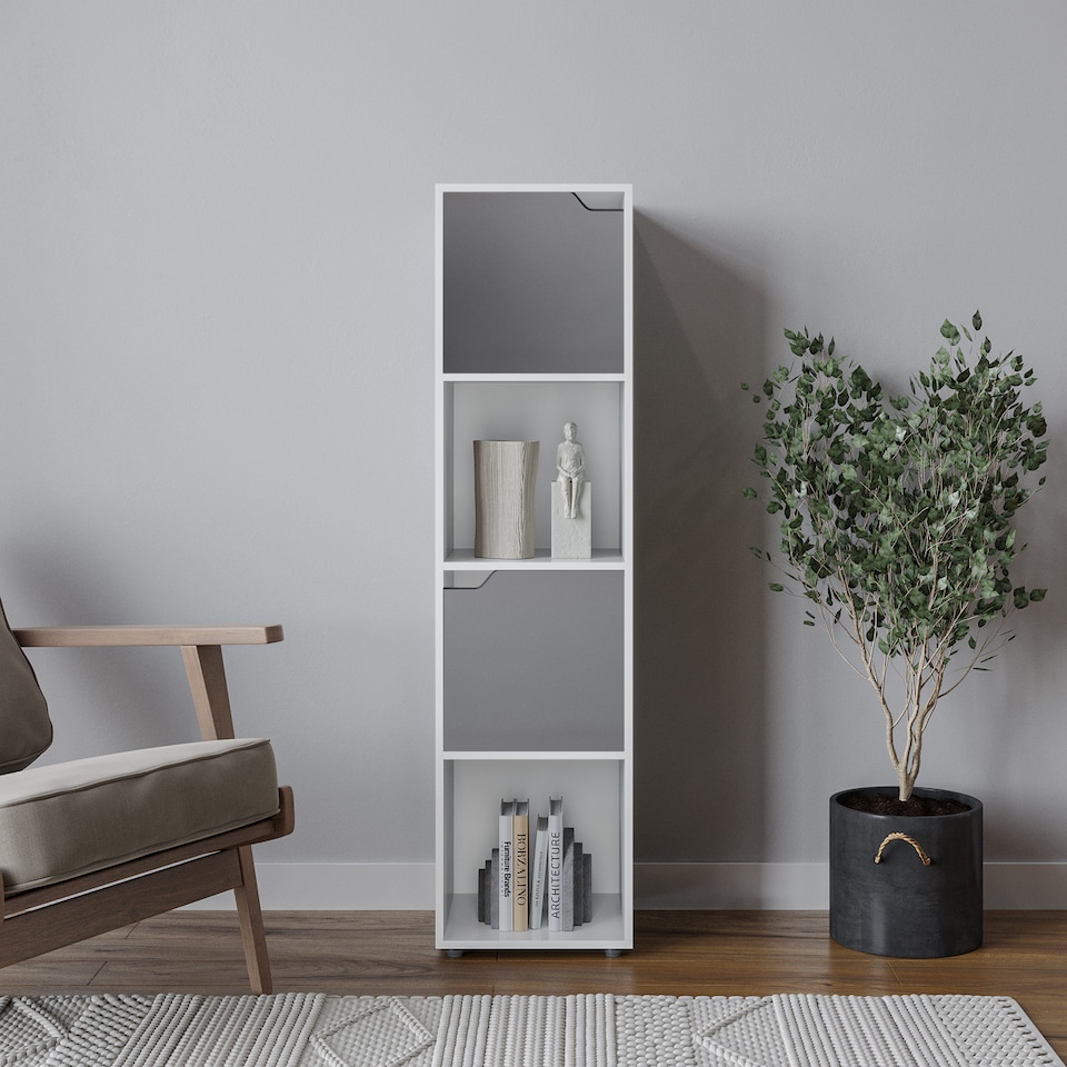 image 1 of 4 -Cube Tall Shelving Unit With Wooden Doors | White | White & Grey | 1