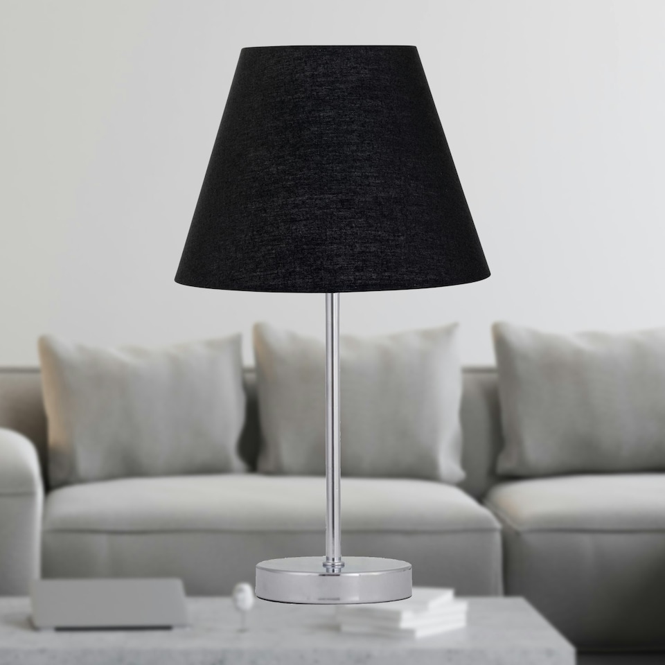 image 1 of Set of 2 Chrome Stick Table Lamps with Black Fabric Shades Chrome | Black